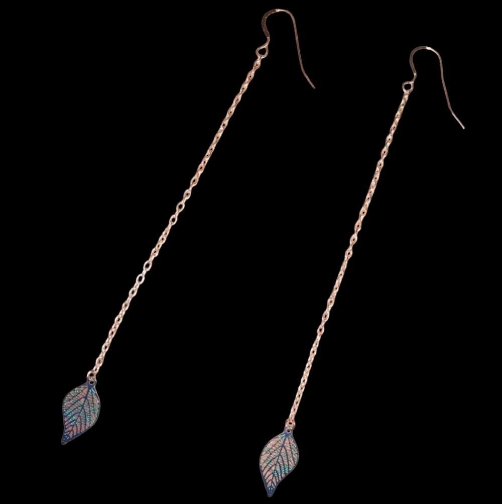 Handmade Long Chain Blue Leaf Earrings Solid 925 Sterling Silver Ear Wires KATTA
